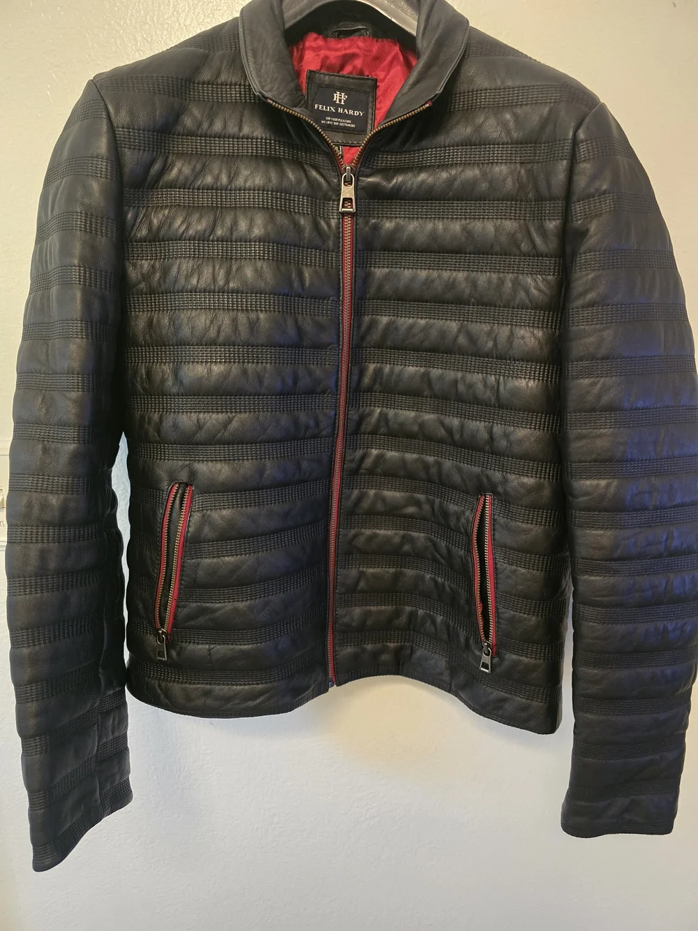 Black Quilted Puffer LEATHER Jacket with Red Trim